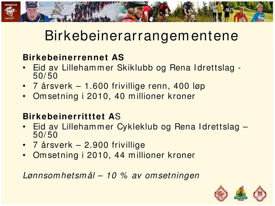 600 frivillige renn, 400 løp Omsetning i 2010, 40 millioner kroner Birkebeinerritttet AS