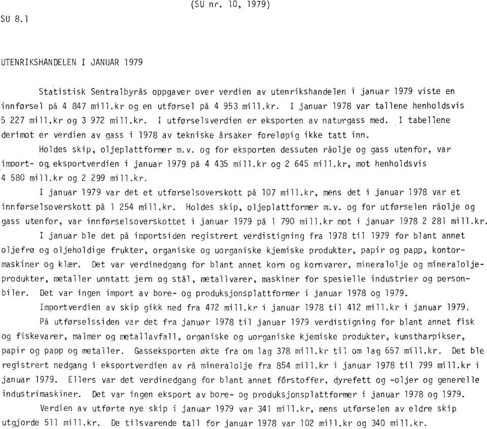 I tabellene derimot er verdien av gass i 1978 av tekniske årsaker foreløpig ikke tatt inn. Holdes skip, oljeplattformer m.v. og for eksporten dessuten råolje og gass utenfor, var import- og, eksportverdien i januar 1979 på 4 435 mill.