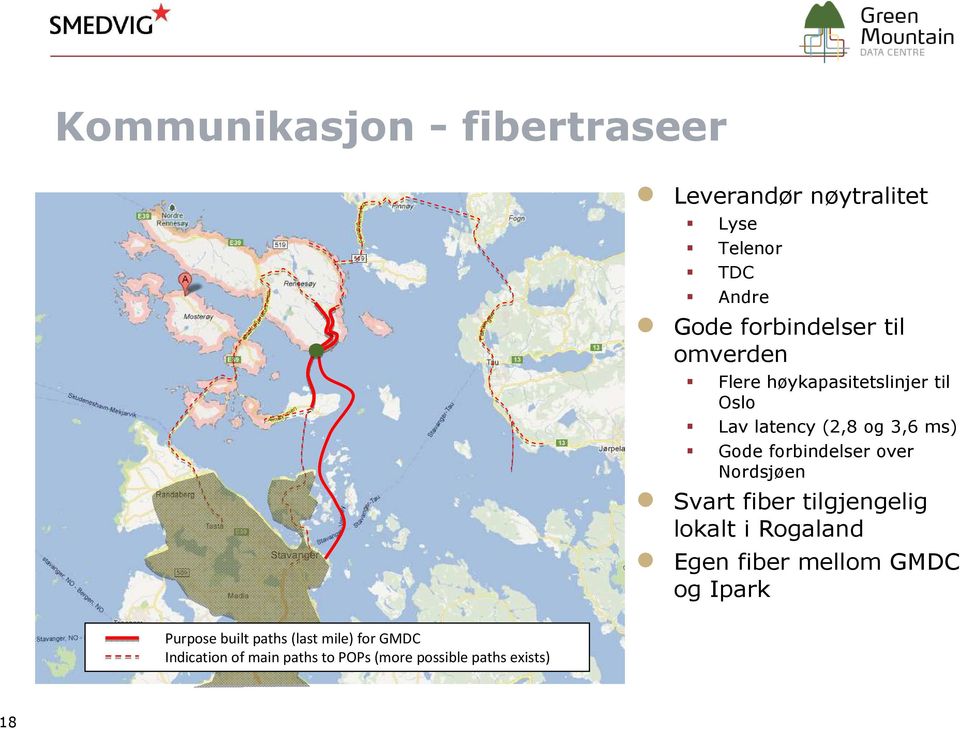 over Nordsjøen Svart fiber tilgjengelig lokalt i Rogaland Egen fiber mellom GMDC og Ipark