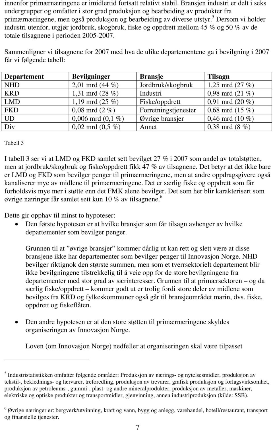 5 Dersom vi holder industri utenfor, utgjør jordbruk, skogbruk, fiske og oppdrett mellom 45 % og 50 % av de totale tilsagnene i perioden 2005-2007.