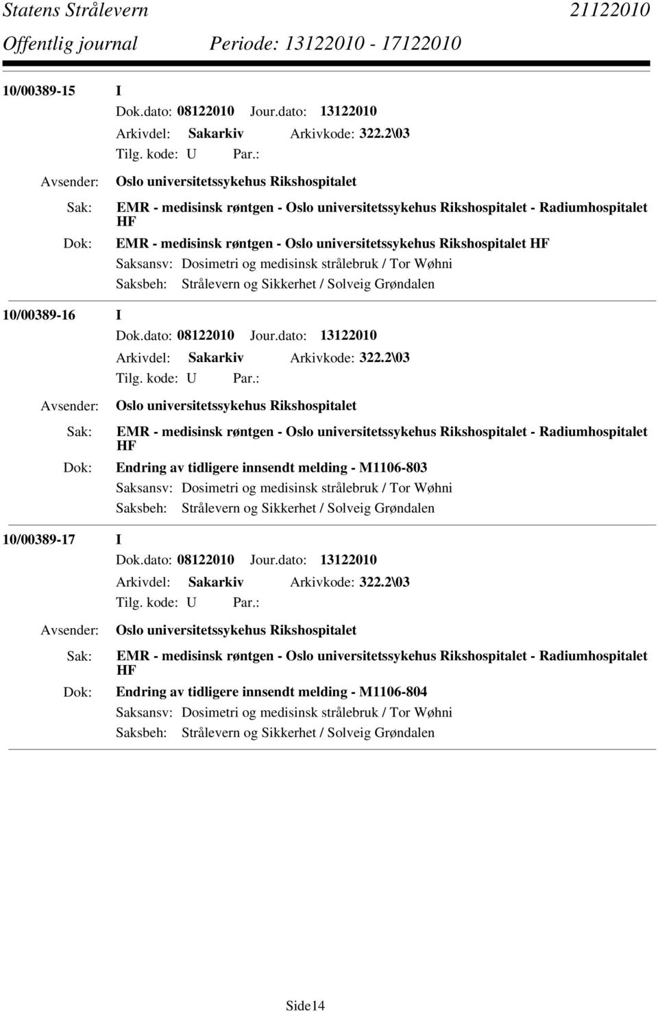 HF Saksansv: Dosimetri og medisinsk strålebruk / Tor Wøhni 10/00389-16 I Dok.dato: 08122010 Jour.dato: 13122010 Arkivdel: Sakarkiv Arkivkode: 322.