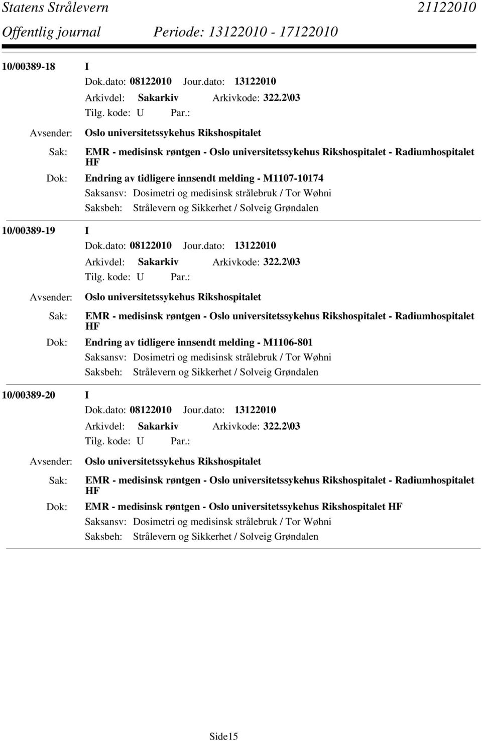 Dosimetri og medisinsk strålebruk / Tor Wøhni 10/00389-19 I Dok.dato: 08122010 Jour.dato: 13122010 Arkivdel: Sakarkiv Arkivkode: 322.