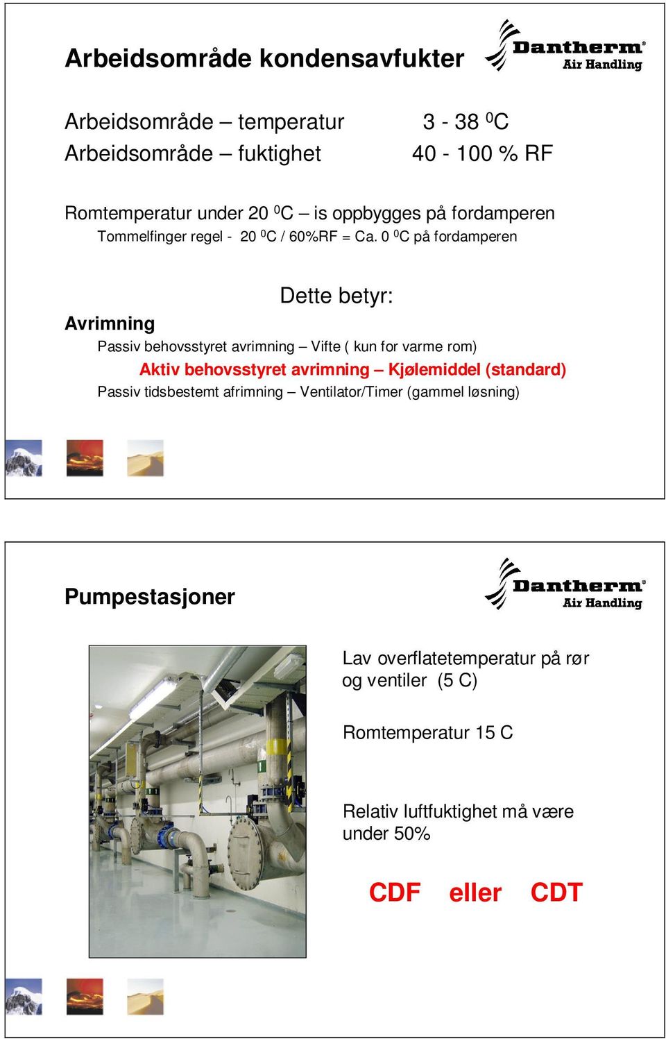 0 0 C på fordamperen Dette betyr: Avrimning Passiv behovsstyret avrimning Vifte ( kun for varme rom) Aktiv behovsstyret avrimning