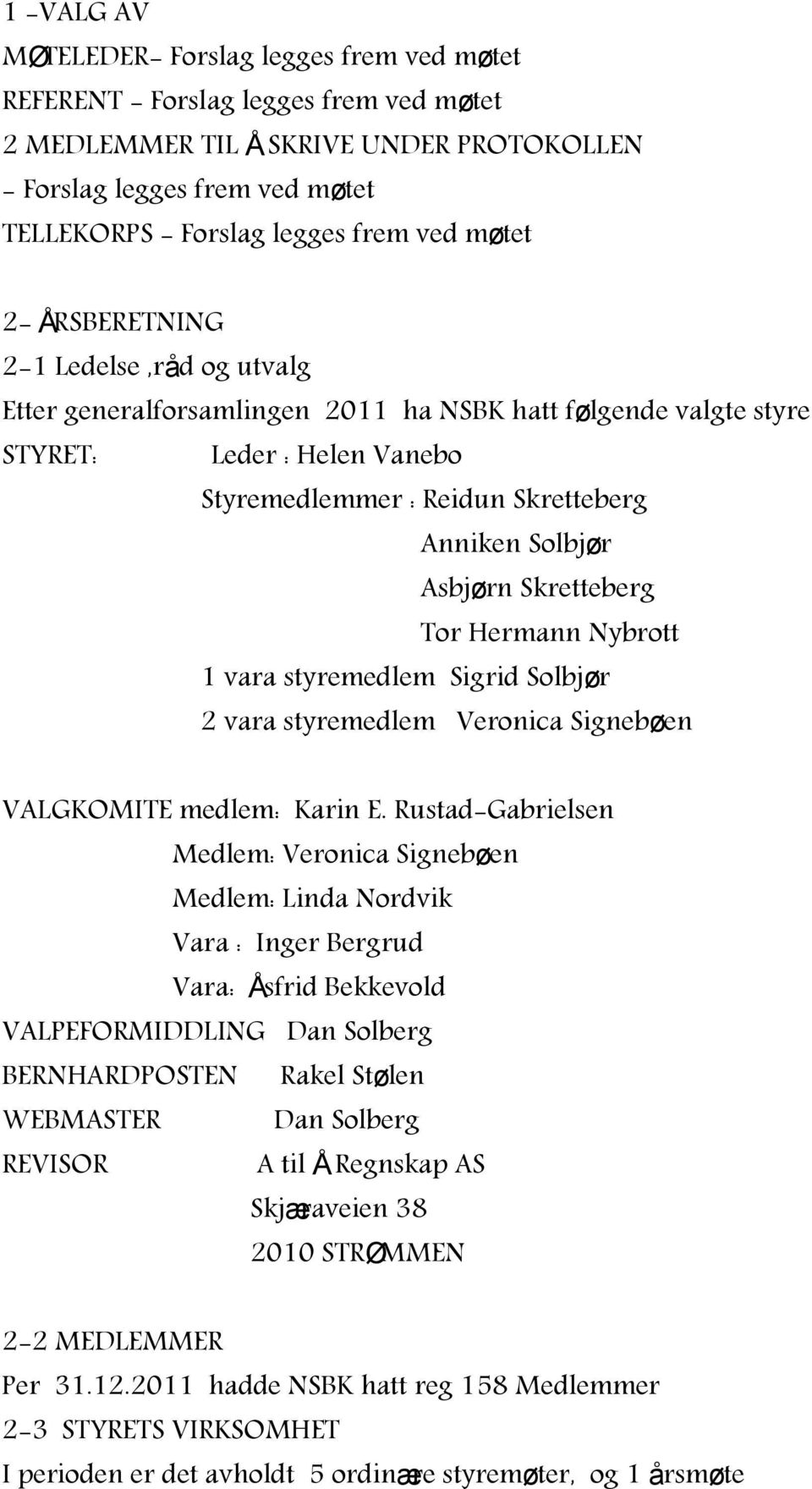 Solbjør Asbjørn Skretteberg Tor Hermann Nybrott 1 vara styremedlem Sigrid Solbjør 2 vara styremedlem Veronica Signebøen VALGKOMITE medlem: Karin E.