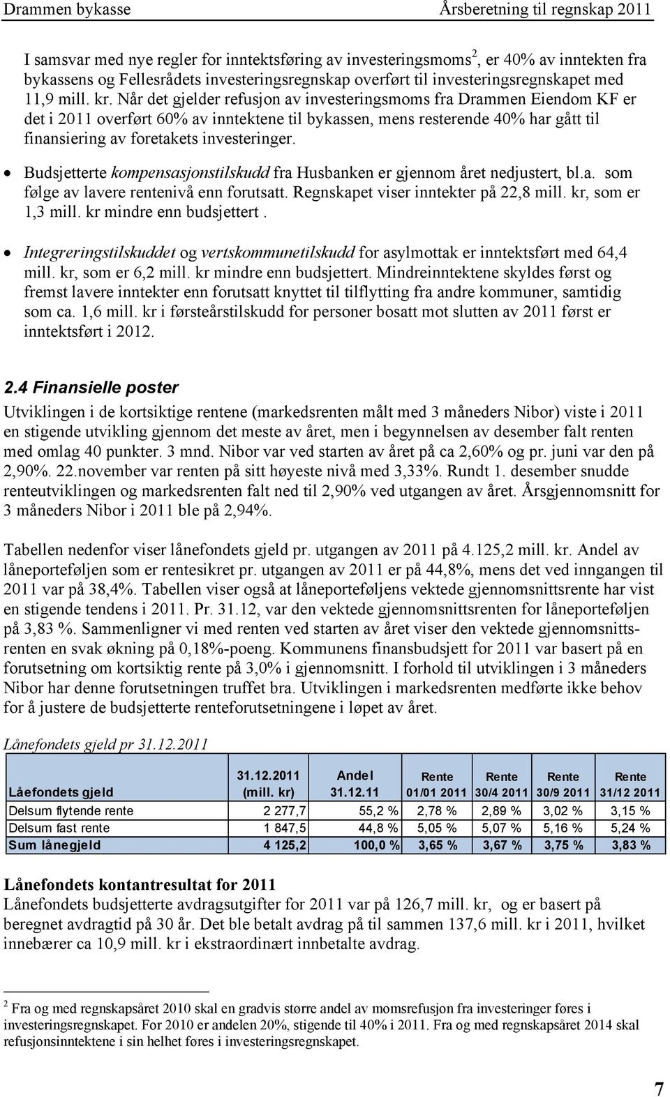 Når det gjelder refusjon av investeringsmoms fra Drammen Eiendom KF er det i 2011 overført 60% av inntektene til bykassen, mens resterende 40% har gått til finansiering av foretakets investeringer.