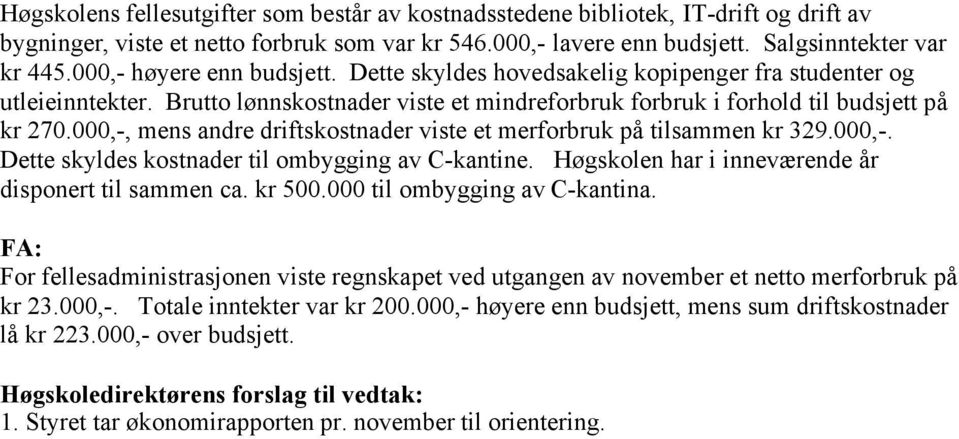 000,-, mens andre driftskostnader viste et merforbruk på tilsammen kr 329.000,-. Dette skyldes kostnader til ombygging av C-kantine. Høgskolen har i inneværende år disponert til sammen ca. kr 500.