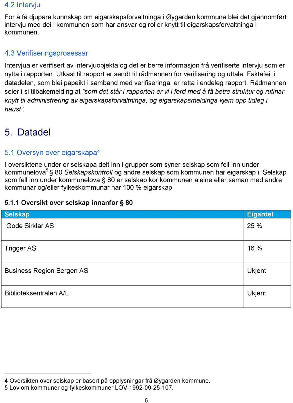 Utkast til rapport er sendt til rådmannen for verifisering og uttale. Faktafeil i datadelen, som blei påpeikt i samband med verifiseringa, er retta i endeleg rapport.