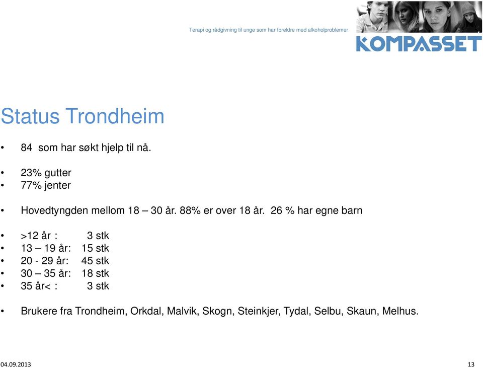 26 % har egne barn >12 år : 3 stk 13 19 år: 15 stk 20-29 år: 45 stk 30 35 år: