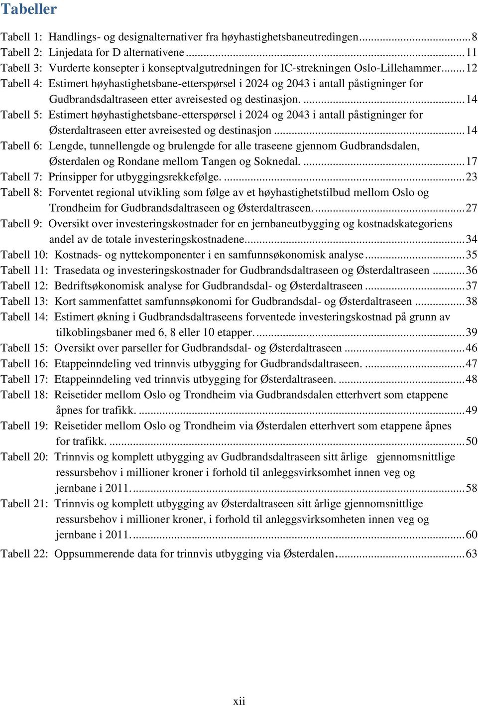 .. 12 Tabell 4: Estimert høyhastighetsbane-etterspørsel i 2024 og 2043 i antall påstigninger for Gudbrandsdaltraseen etter avreisested og destinasjon.