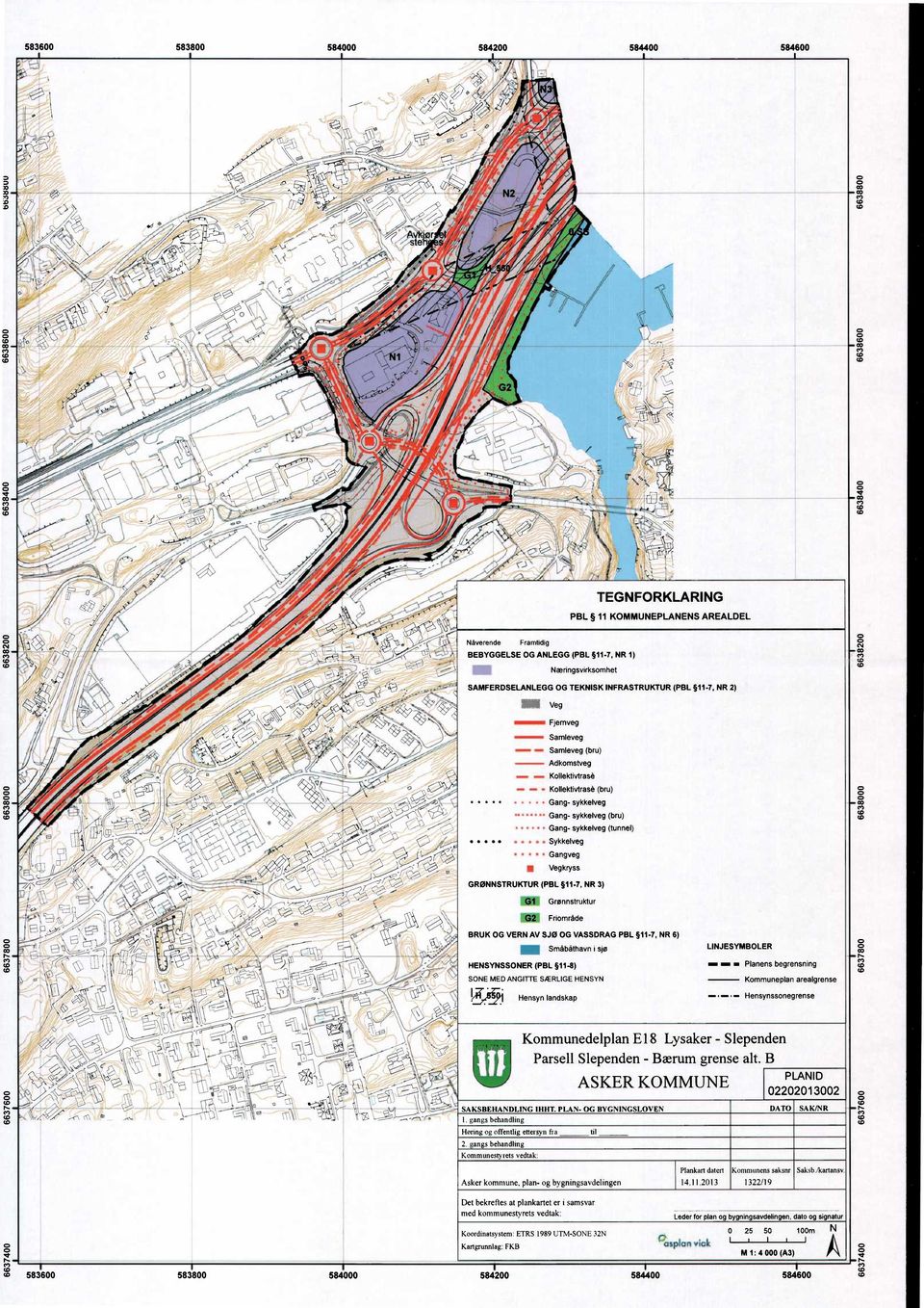 (tunnel) Sykkelveg Gangveg Vegkryss GRØNNSTRUKTUR (PBL 11-7, NR 3) 1100 Grønnstruktur 01011Friområde BRUK OG VERN AV SJØ OG VASSDRAG PBL 11-7, NR 6) E7: LINJESYMBOLER 11.