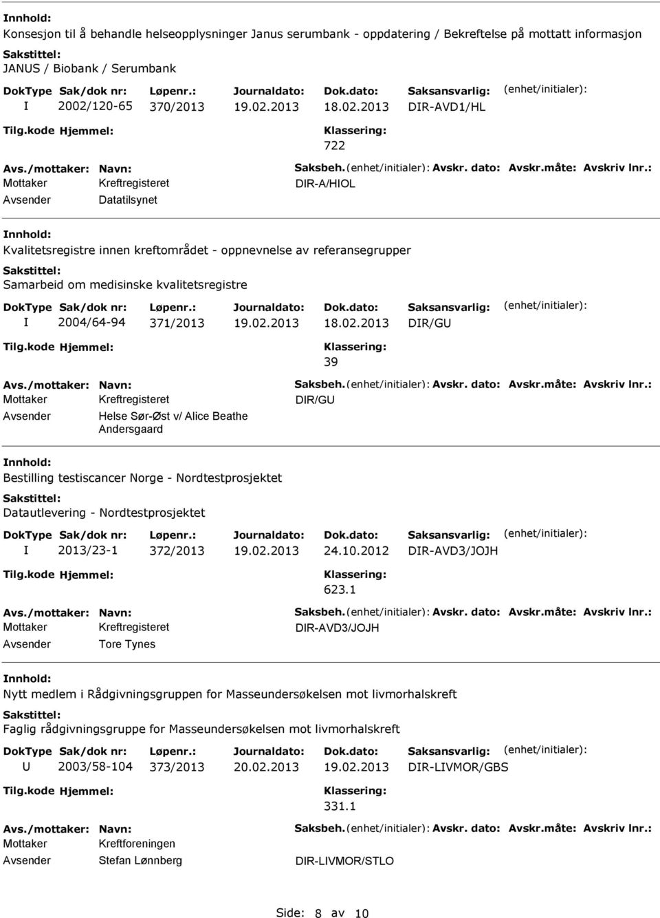 : DR-A/HOL Datatilsynet Kvalitetsregistre innen kreftområdet - oppnevnelse av referansegrupper Samarbeid om medisinske kvalitetsregistre 2004/64-94 371/2013 DR/G 39 Avs.