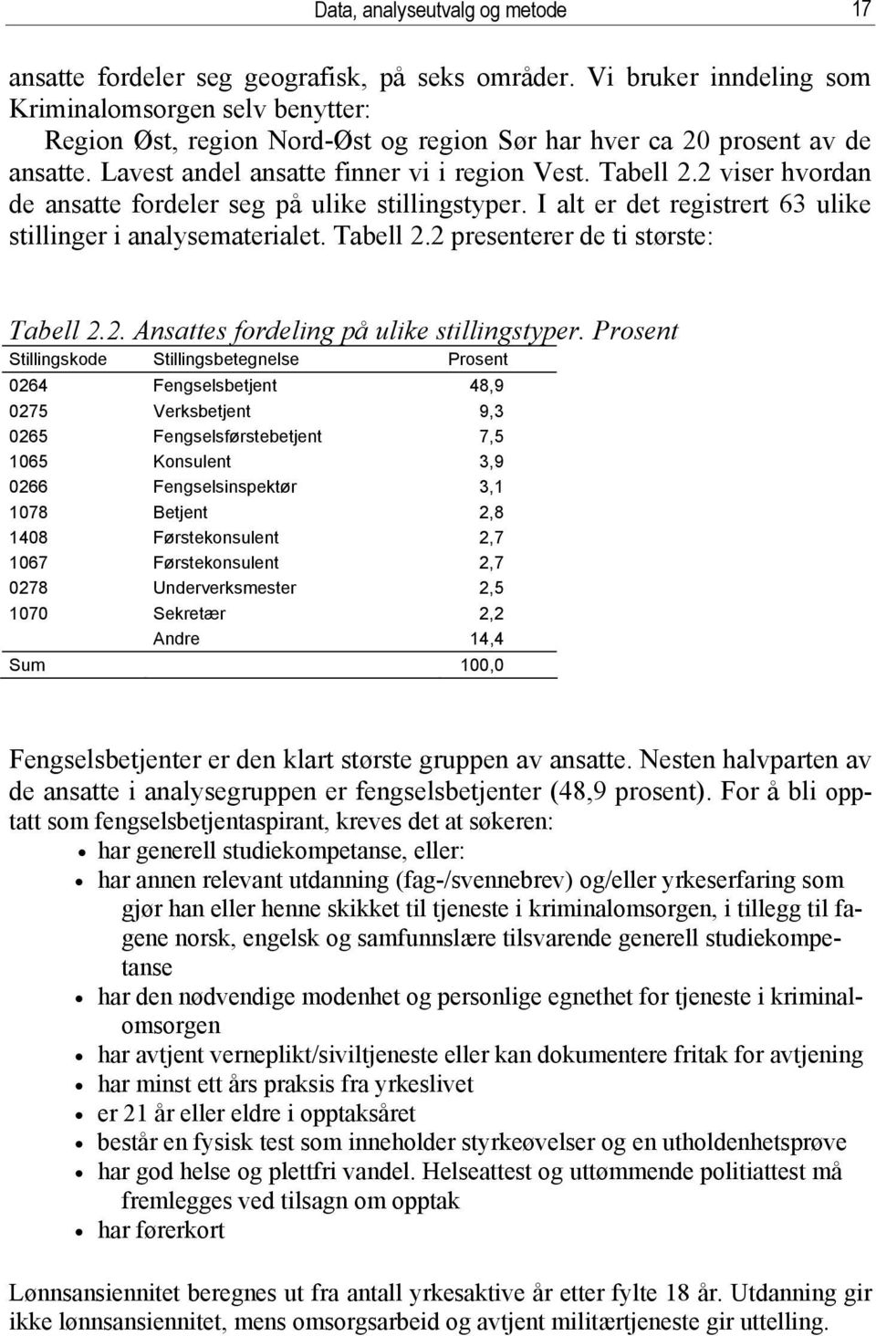 2 viser hvordan de ansatte fordeler seg på ulike stillingstyper. I alt er det registrert 63 ulike stillinger i analysematerialet. Tabell 2.2 presenterer de ti største: Tabell 2.2. Ansattes fordeling på ulike stillingstyper.