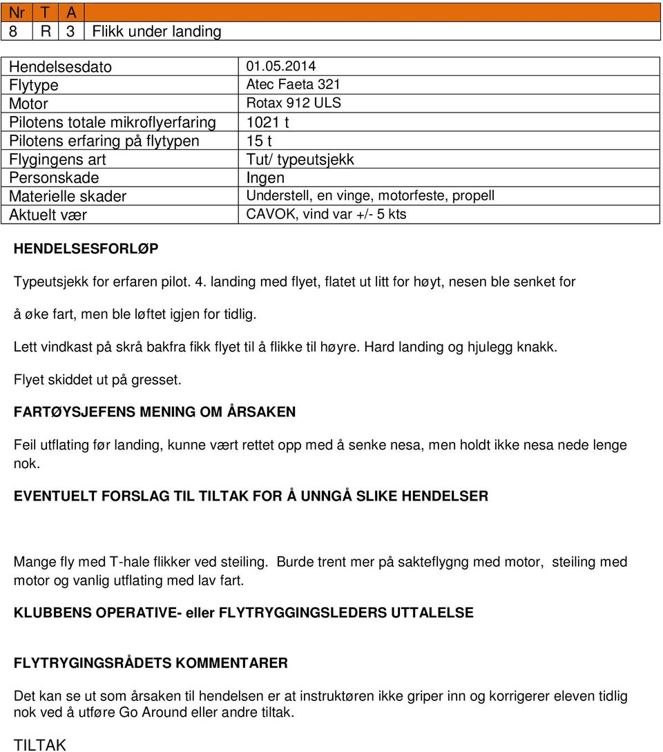 Typeutsjekk for erfaren pilot. 4. landing med flyet, flatet ut litt for høyt, nesen ble senket for å øke fart, men ble løftet igjen for tidlig.