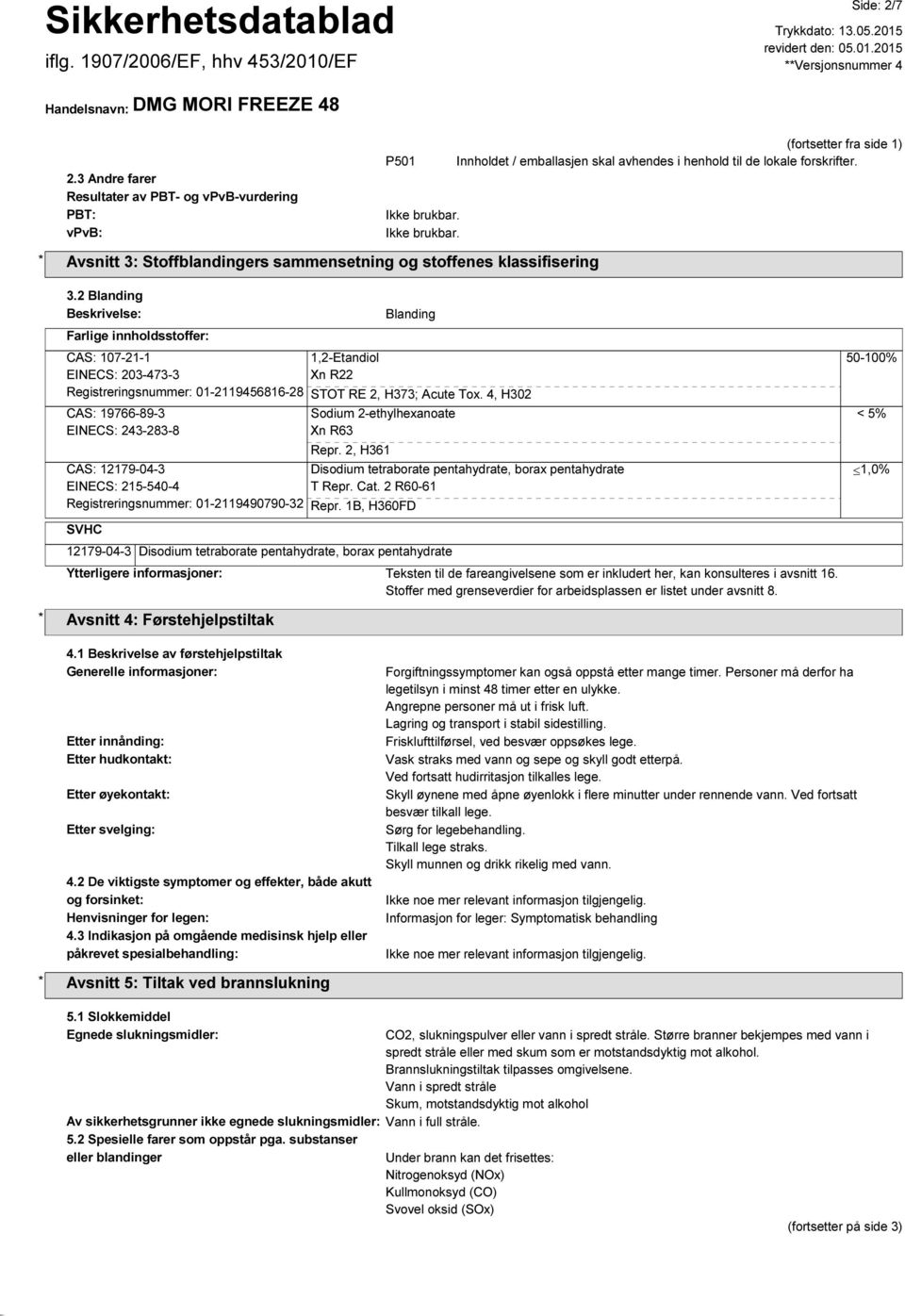 2 Blanding Beskrivelse: Farlige innholdsstoffer: Blanding CAS: 107-21-1 1,2-Etandiol EINECS: 203-473-3 Xn R22 Registreringsnummer: 01-2119456816-28 STOT RE 2, H373; Acute Tox.