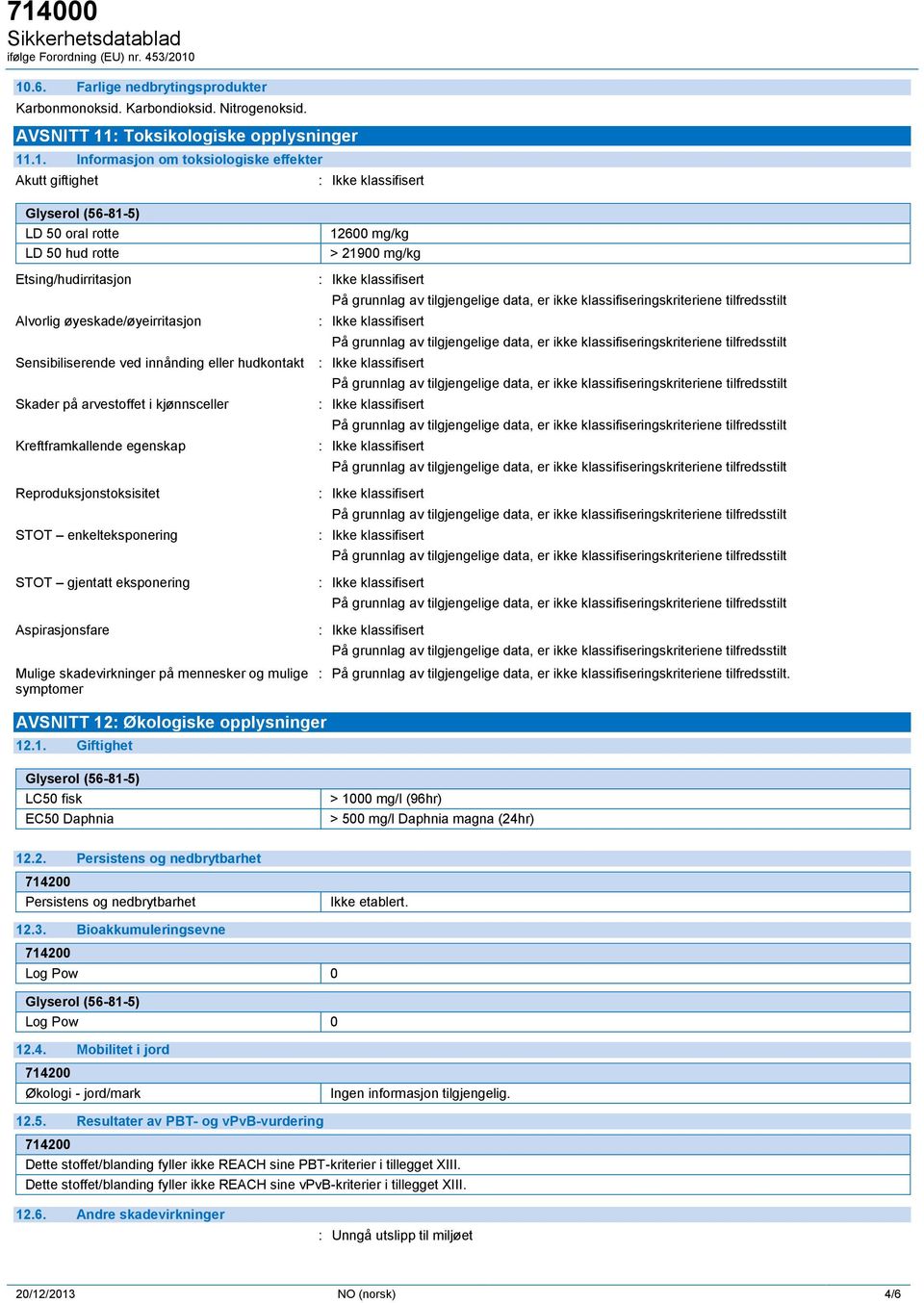 Kreftframkallende egenskap Reproduksjonstoksisitet STOT enkelteksponering STOT gjentatt eksponering Aspirasjonsfare Mulige skadevirkninger på mennesker og mulige symptomer :.