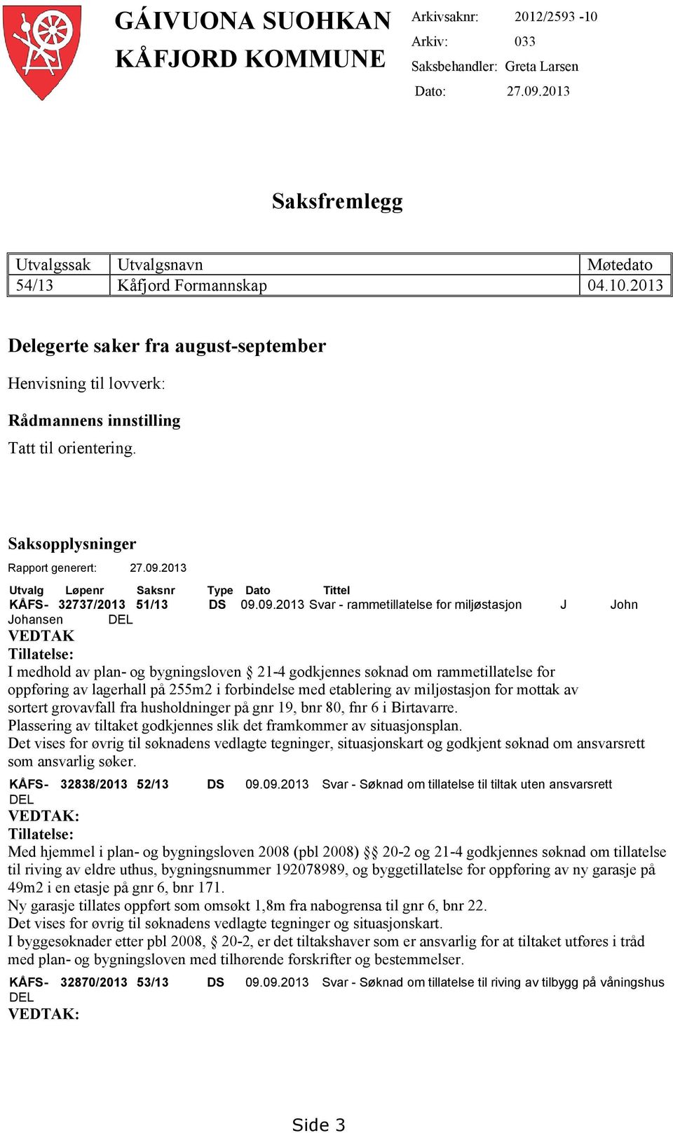 2013 Utvalg Løpenr Saksnr Type Dato Tittel KÅFS- 32737/2013 51/13 DS 09.