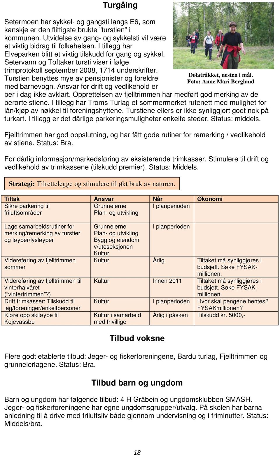 Turstien benyttes mye av pensjonister og foreldre med barnevogn. Ansvar for drift og vedlikehold er per i dag ikke avklart. Opprettelsen av fjelltrimmen har medført god merking av de berørte stiene.