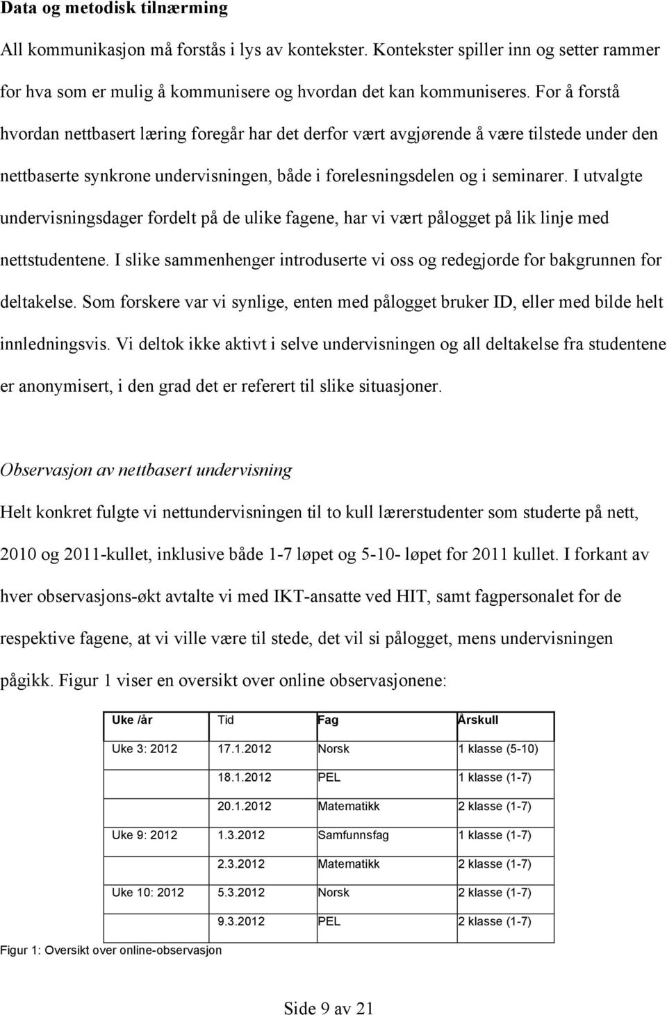 I utvalgte undervisningsdager fordelt på de ulike fagene, har vi vært pålogget på lik linje med nettstudentene. I slike sammenhenger introduserte vi oss og redegjorde for bakgrunnen for deltakelse.