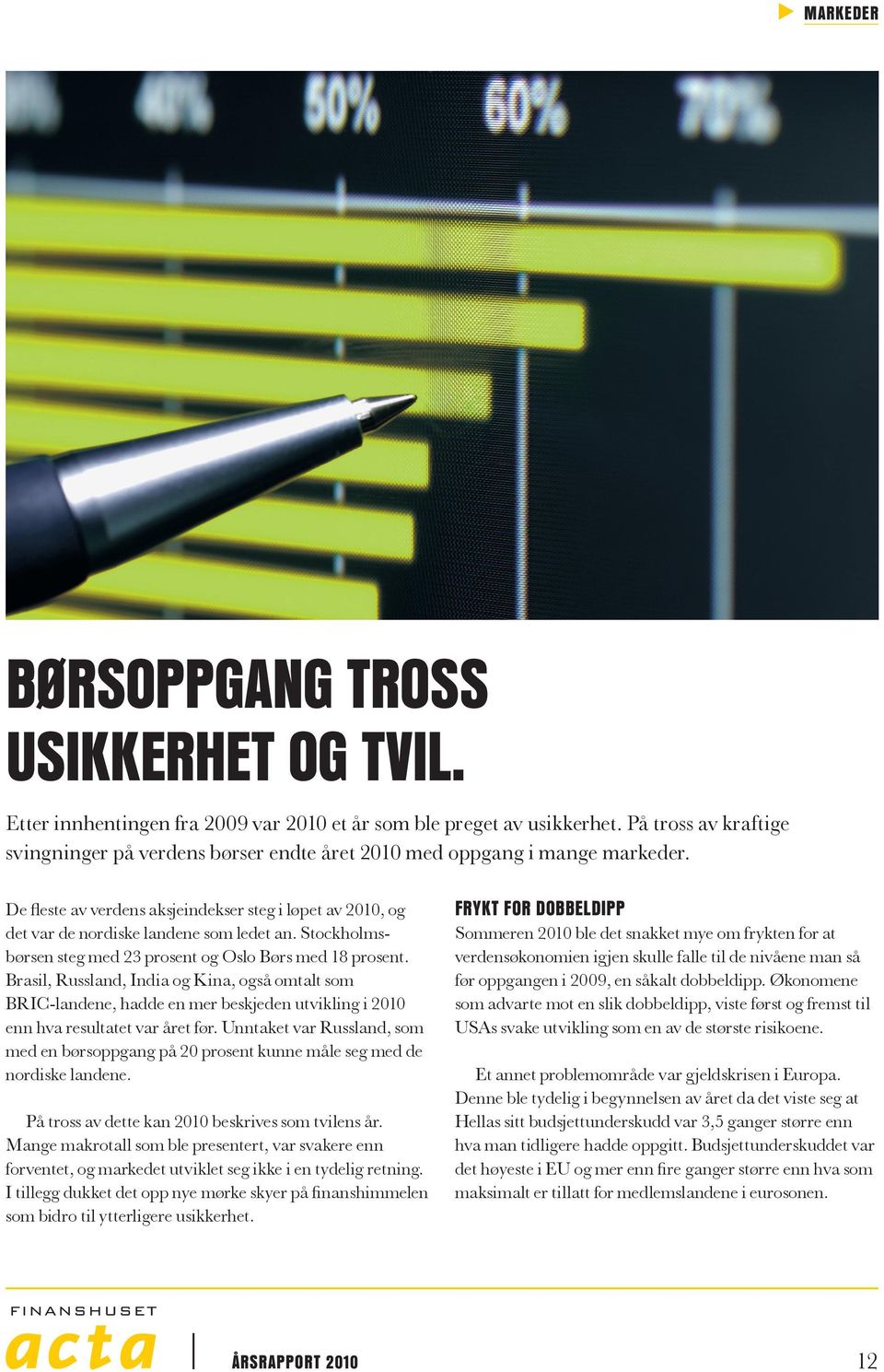 Stockholmsbørsen steg med 23 prosent og Oslo Børs med 18 prosent. Brasil, Russland, India og Kina, også omtalt som BRIC-landene, hadde en mer beskjeden utvikling i 21 enn hva resultatet var året før.