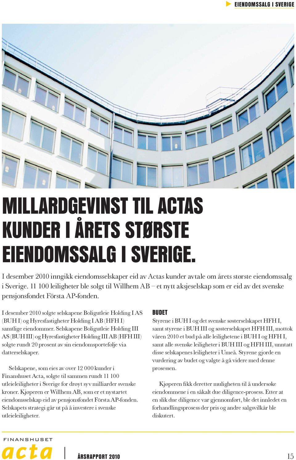11 1 leiligheter ble solgt til Willhem AB et nytt aksjeselskap som er eid av det svenske pensjonsfondet Första AP-fonden.