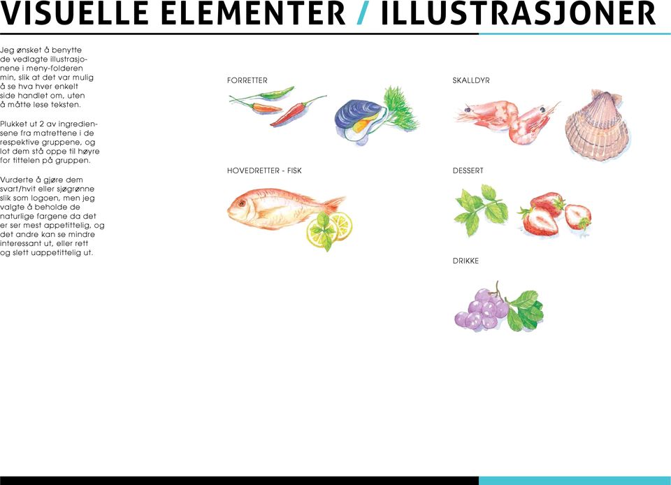 FORRETTER SKALLDYR Plukket ut 2 av ingrediensene fra matrettene i de respektive gruppene, og lot dem stå oppe til høyre for tittelen på gruppen.