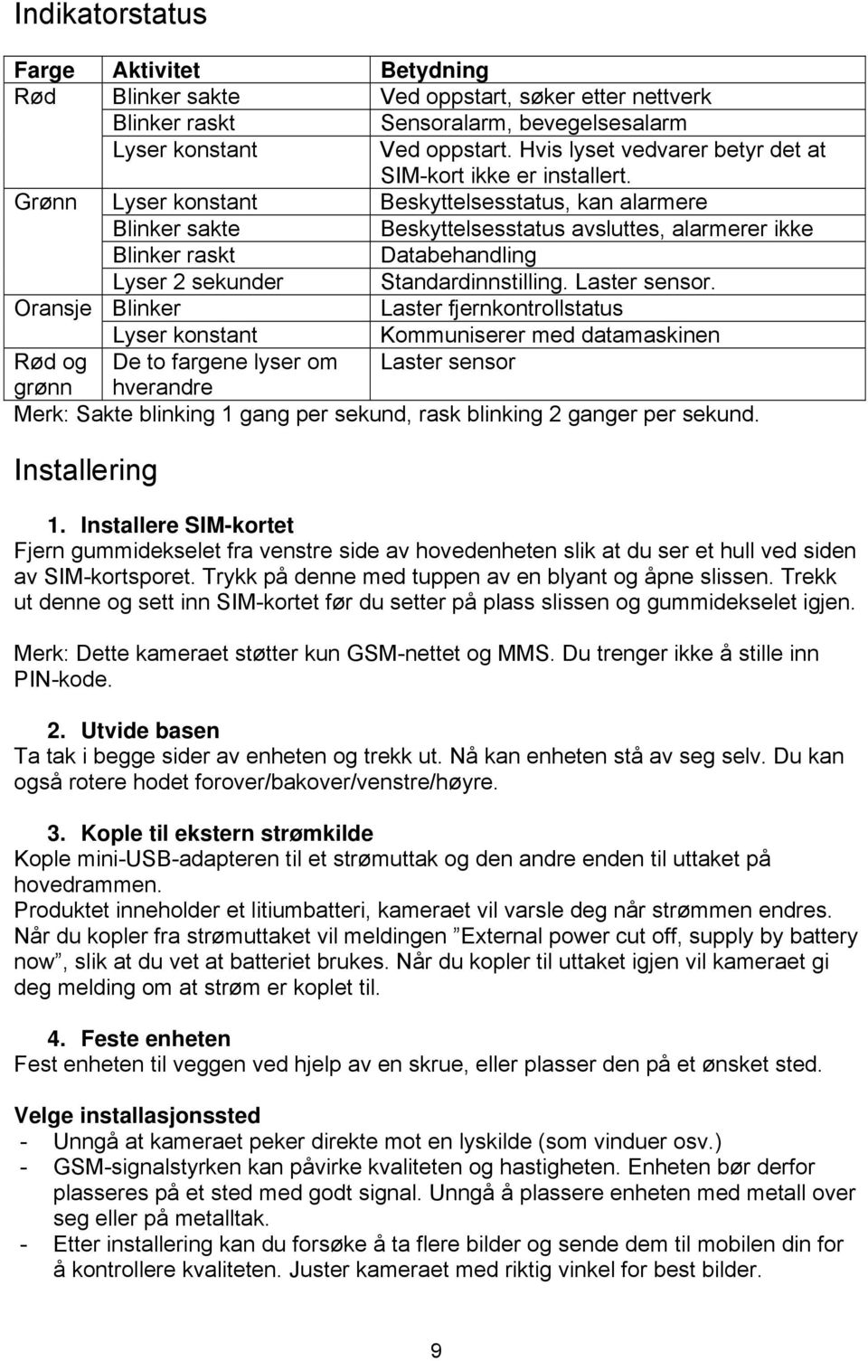 Grønn Lyser konstant Beskyttelsesstatus, kan alarmere Blinker sakte Beskyttelsesstatus avsluttes, alarmerer ikke Blinker raskt Databehandling Lyser 2 sekunder Standardinnstilling. Laster sensor.