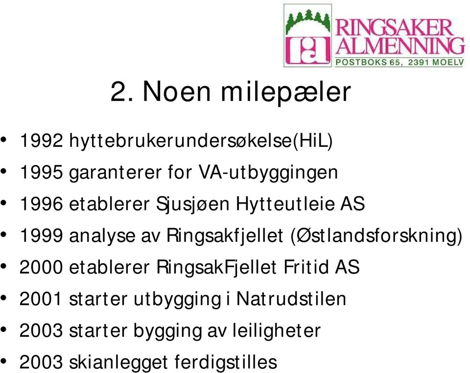 Ringsakfjellet (Østlandsforskning) 2000 etablerer RingsakFjellet Fritid AS 2001