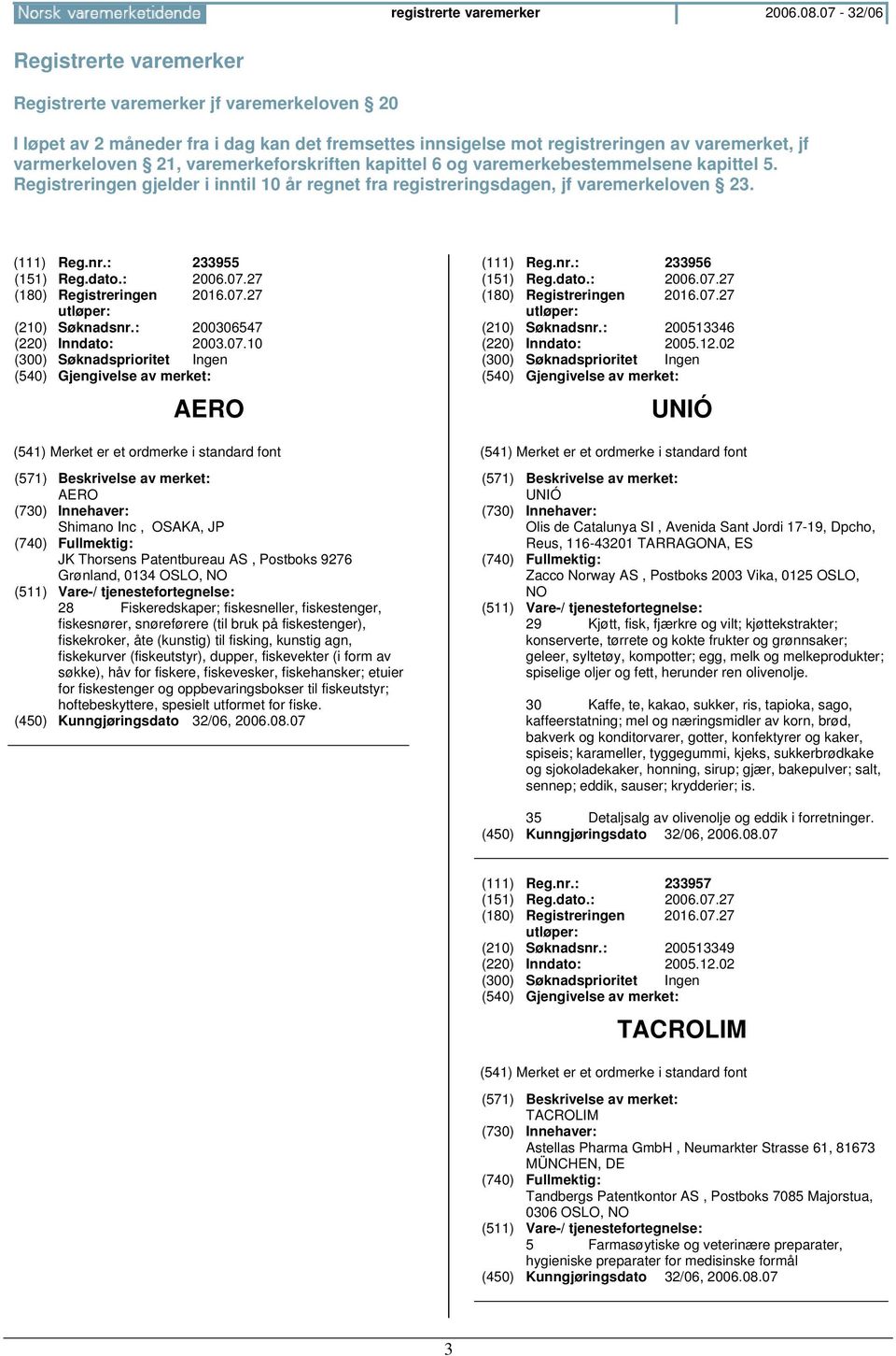 varemerkeforskriften kapittel 6 og varemerkebestemmelsene kapittel 5. Registreringen gjelder i inntil 10 år regnet fra registreringsdagen, jf varemerkeloven 23. (111) Reg.nr.: 233955 (151) Reg.dato.