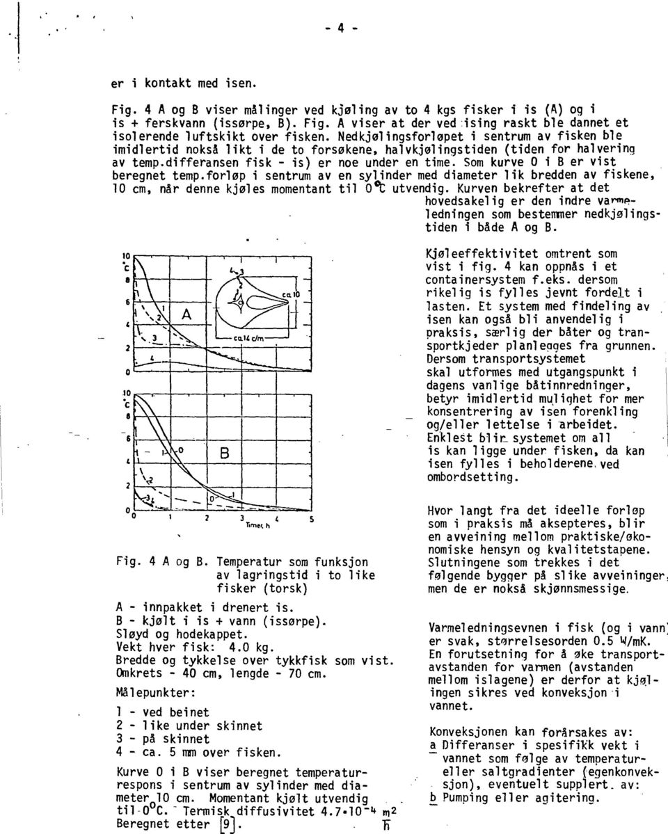 Sm kurve 0 i B er vist beregnet temp.frlp i sentrum av en sylinder med diameter lik bredden av fiskene, 10 cm, nâr denne kjles mmentant tu l O ct utvendig.