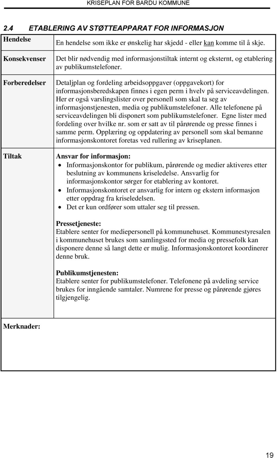 Detaljplan og fordeling arbeidsoppgaver (oppgavekort) for informasjonsberedskapen finnes i egen perm i hvelv på serviceavdelingen.