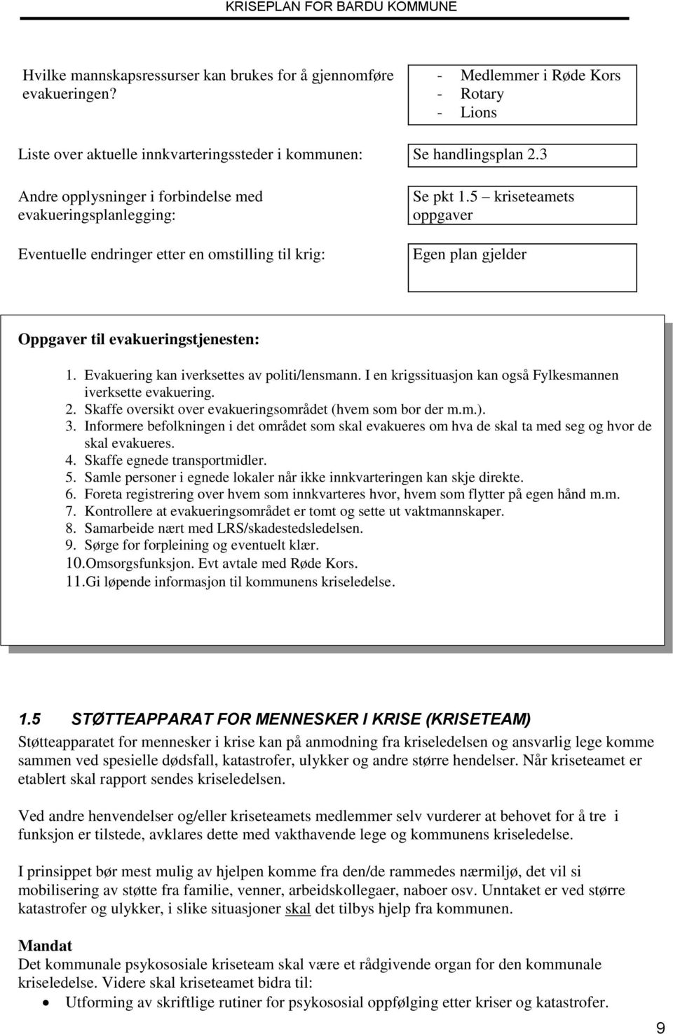 5 kriseteamets oppgaver Egen plan gjelder Oppgaver til evakueringstjenesten: 1. Evakuering kan iverksettes av politi/lensmann. I en krigssituasjon kan også Fylkesmannen iverksette evakuering. 2.