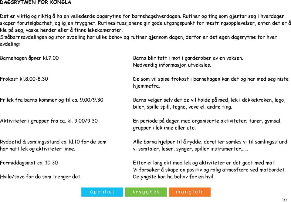 Småbarnsavdelingen og stor avdeling har ulike behov og rutiner gjennom dagen, derfor er det egen dagsrytme for hver avdeling: Barnehagen åpner kl.7.00 Barna blir tatt i mot i garderoben av en voksen.