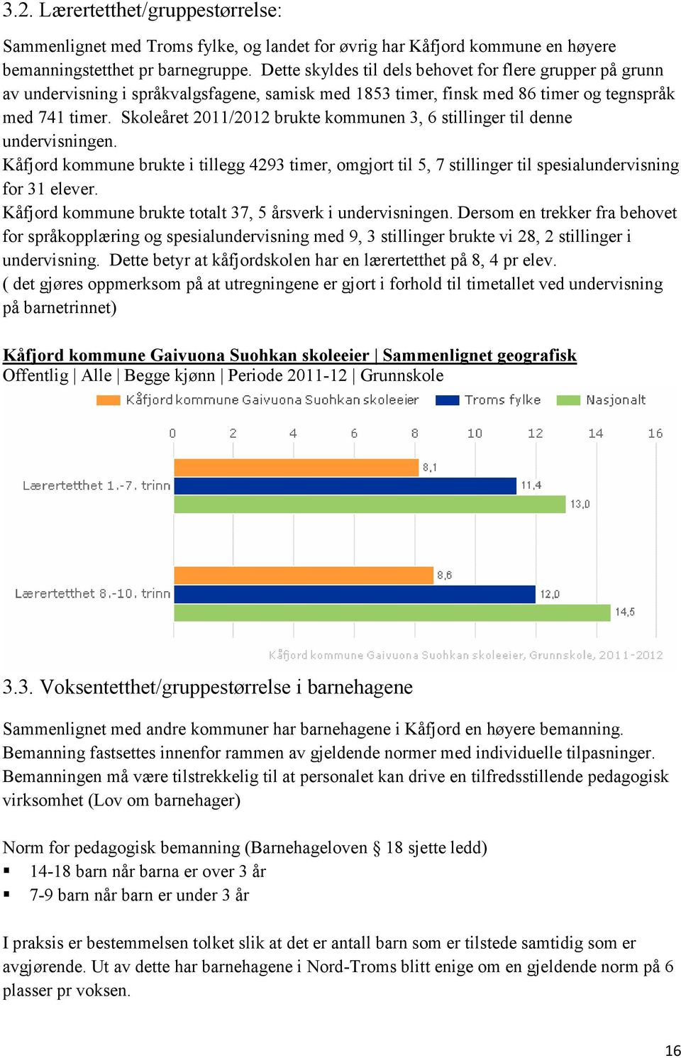 Skoleåret 2011/2012 brukte kommunen 3, 6 stillinger til denne undervisningen. Kåfjord kommune brukte i tillegg 4293 timer, omgjort til 5, 7 stillinger til spesialundervisning for 31 elever.