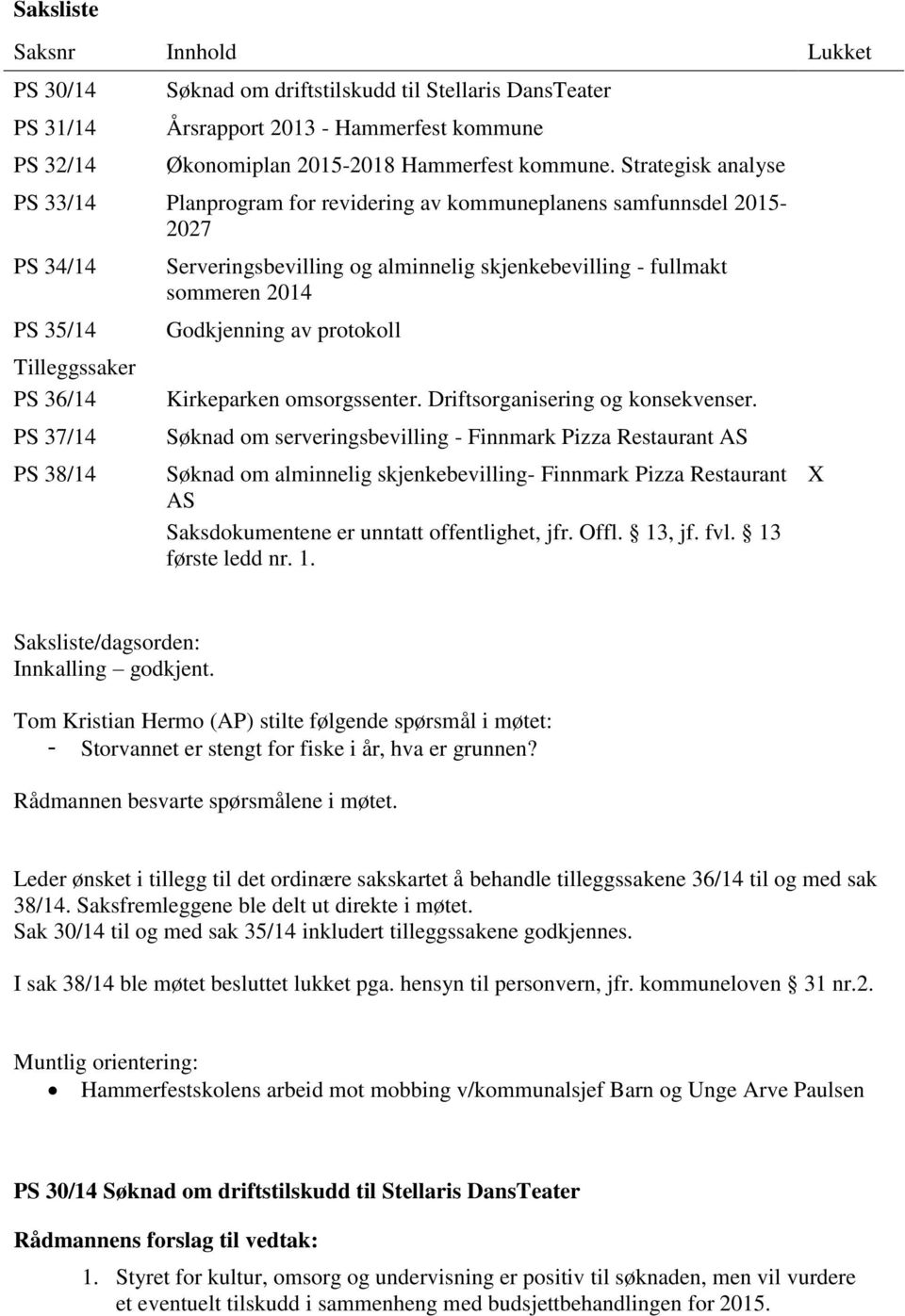 skjenkebevilling - fullmakt sommeren 2014 Godkjenning av protokoll Kirkeparken omsorgssenter. Driftsorganisering og konsekvenser.