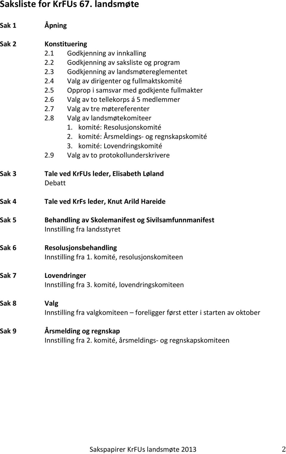 8 Valg av landsmøtekomiteer 1. komité: Resolusjonskomité 2. komité: Årsmeldings- og regnskapskomité 3. komité: Lovendringskomité 2.