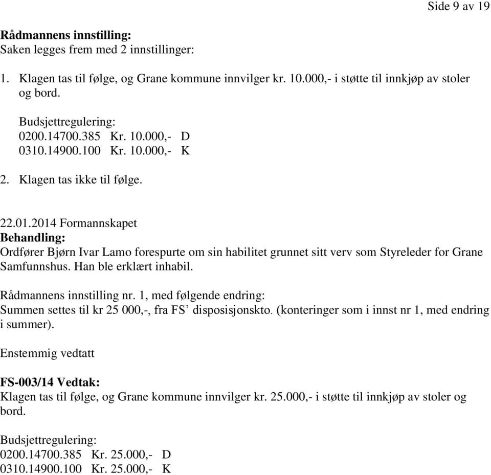 2014 Formannskapet Behandling: Ordfører Bjørn Ivar Lamo forespurte om sin habilitet grunnet sitt verv som Styreleder for Grane Samfunnshus. Han ble erklært inhabil. Rådmannens innstilling nr.