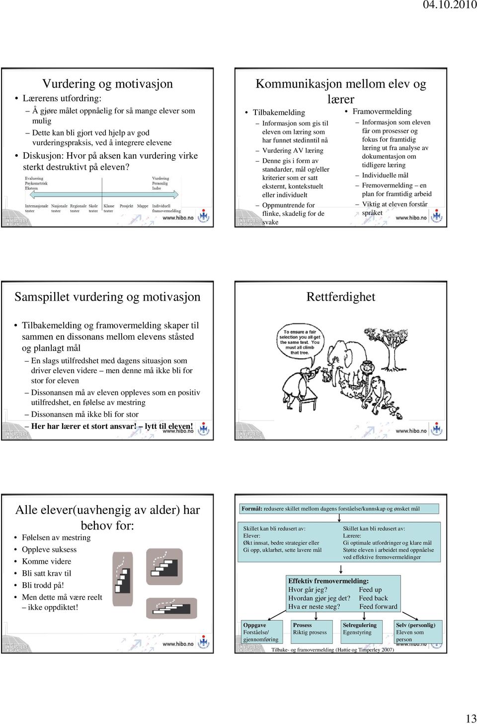 Kommunikasjon mellom elev og lærer Tilbakemelding Informasjon som gis til eleven om læring som har funnet stedinntil nå Vurdering AV læring Denne gis i form av standarder, mål og/eller kriterier som