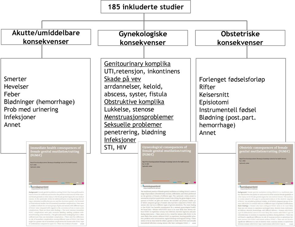 arrdannelser, keloid, abscess, syster, fistula Obstruktive komplika Lukkelse, stenose Menstruasjonsproblemer Seksuelle problemer