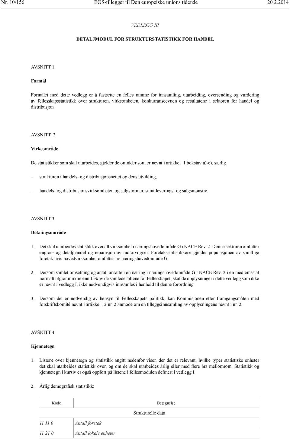 AVSNITT 2 Virkeområde De statistikker som skal utarbeides, gjelder de områder som er nevnt i artikkel 1 bokstav a)-e), særlig strukturen i handels- og distribusjonsnettet og dens utvikling, handels-