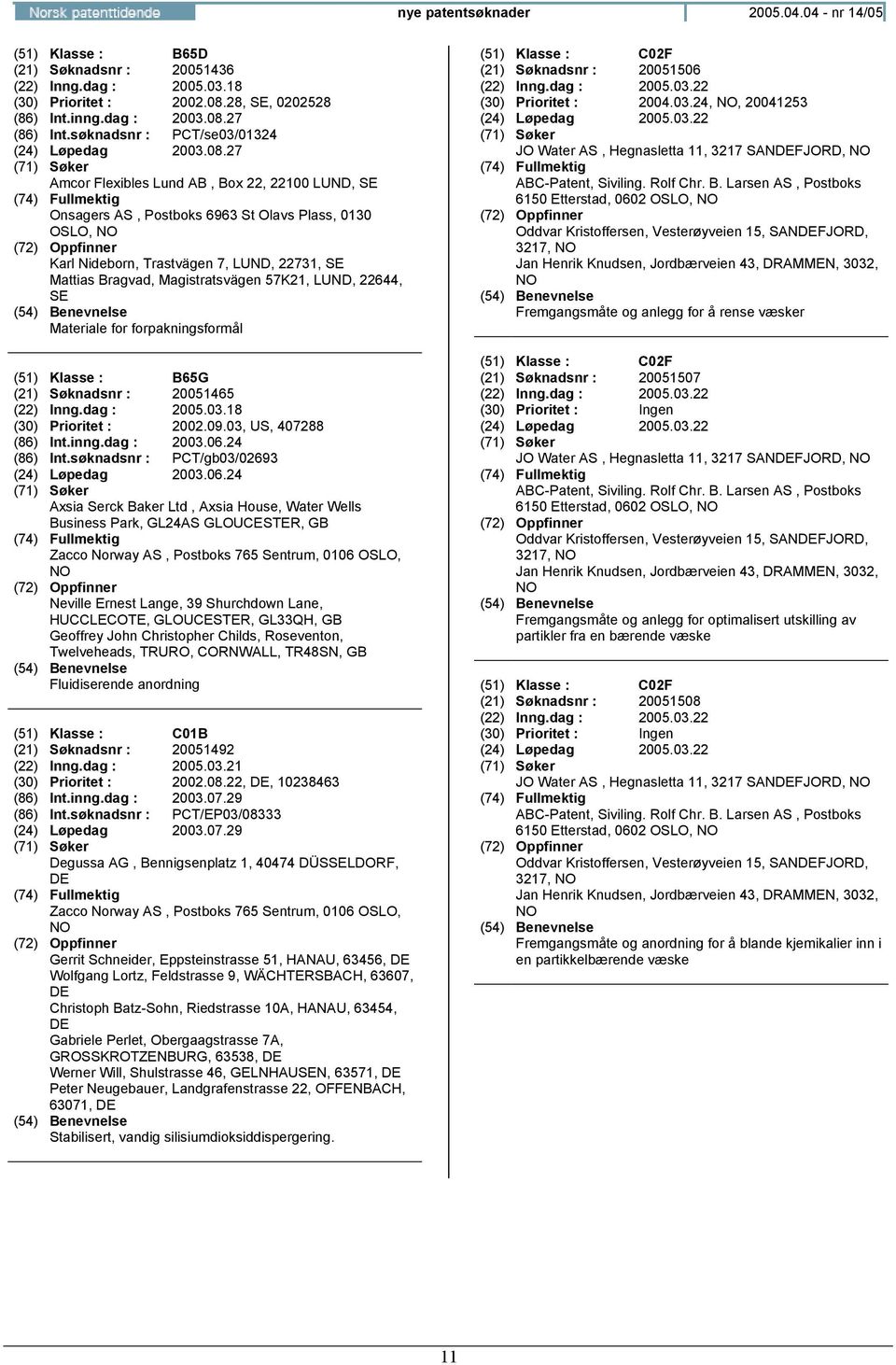 27 Amcor Flexibles Lund AB, Box 22, 22100 LUND, SE Onsagers AS, Postboks 6963 St Olavs Plass, 0130 OSLO, Karl Nideborn, Trastvägen 7, LUND, 22731, SE Mattias Bragvad, Magistratsvägen 57K21, LUND,