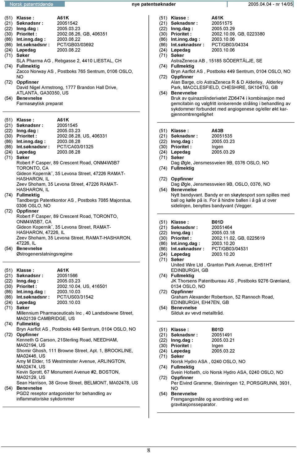 22 SLA Pharma AG, Rebgasse 2, 4410 LIESTAL, CH David Nigel Armstrong, 1777 Brandon Hall Drive, ATLANTA, GA30350, US Farmasøytisk preparat (51) Klasse : A61K (21) Søknadsnr : 20051545 (22) Inng.