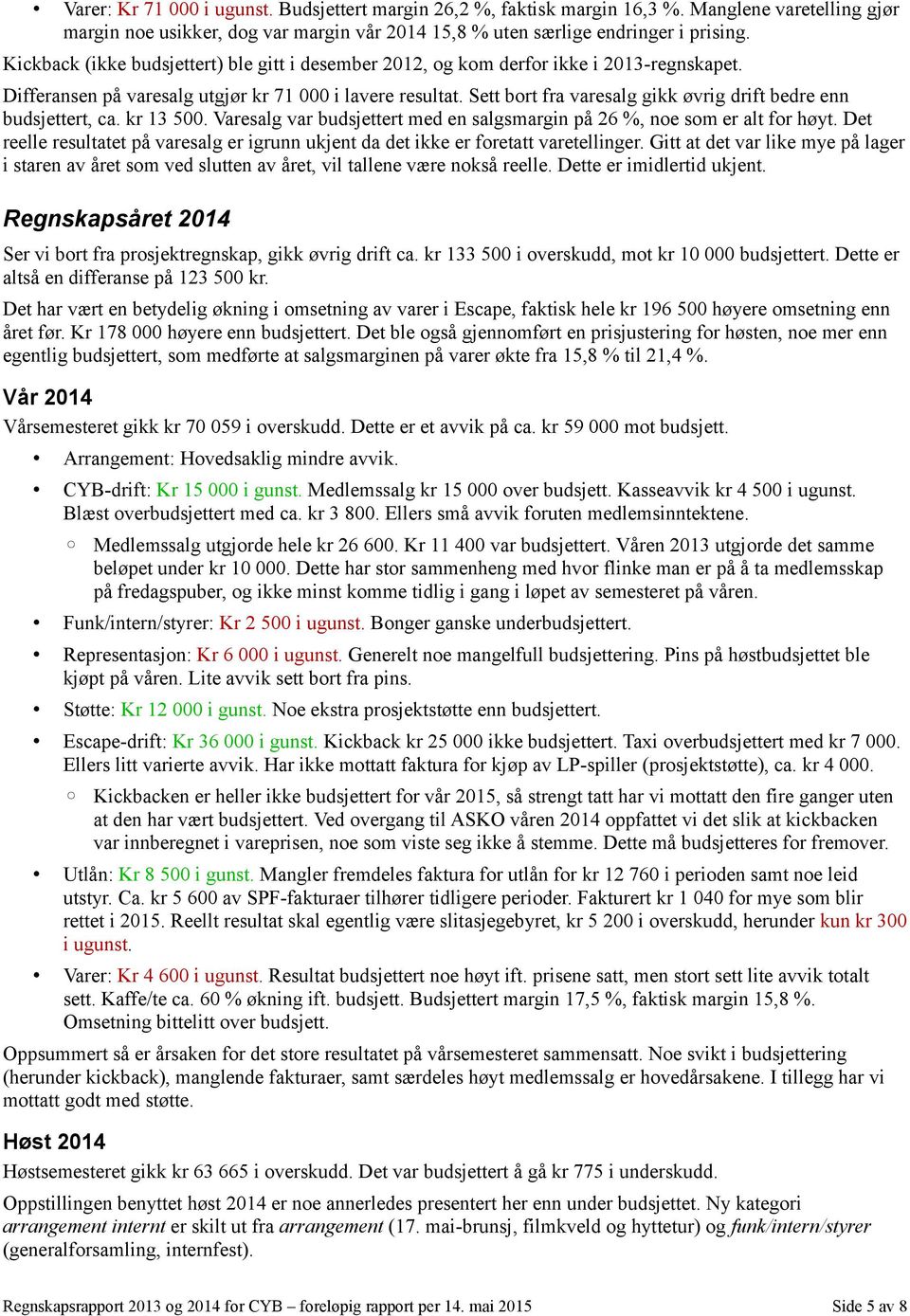 Sett bort fra varesalg gikk øvrig drift bedre enn budsjettert, ca. kr 13 5. Varesalg var budsjettert med en salgsmargin på 26 %, noe som er alt for høyt.