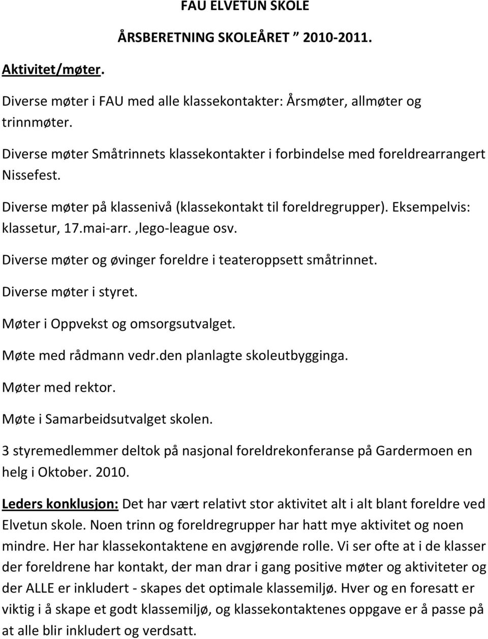 ,lego-league osv. Diverse møter og øvinger foreldre i teateroppsett småtrinnet. Diverse møter i styret. Møter i Oppvekst og omsorgsutvalget. Møte med rådmann vedr.den planlagte skoleutbygginga.