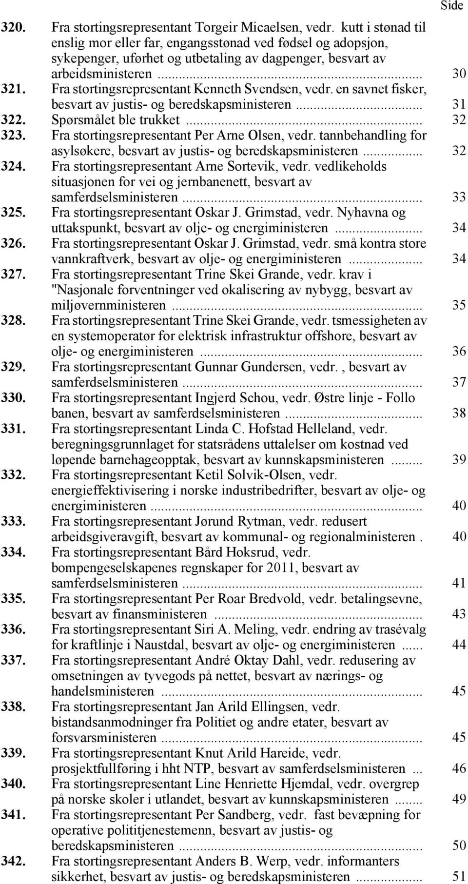 Fra stortingsrepresentant Kenneth Svendsen, vedr. en savnet fisker, besvart av justis- og beredskapsministeren... 31 322. Spørsmålet ble trukket... 32 323.