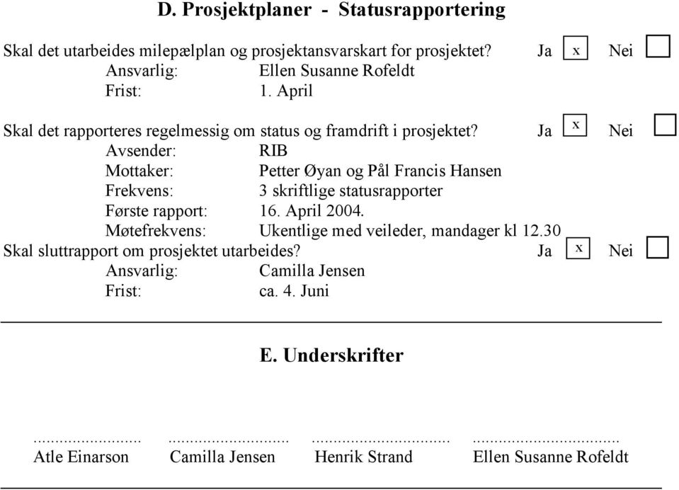 Ja Nei Avsender: RIB Mottaker: Petter Øyan og Pål Francis Hansen Frekvens: 3 skriftlige statusrapporter Første rapport: 16. April 2004.