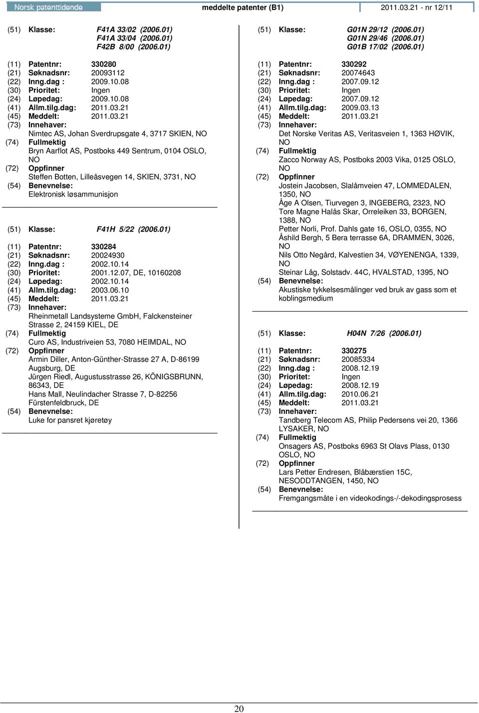 21 Nimtec AS, Johan Sverdrupsgate 4, 3717 SKIEN, Steffen Botten, Lilleåsvegen 14, SKIEN, 3731, Elektronisk løsammunisjon (51) Klasse F41H 5/22 (2006.