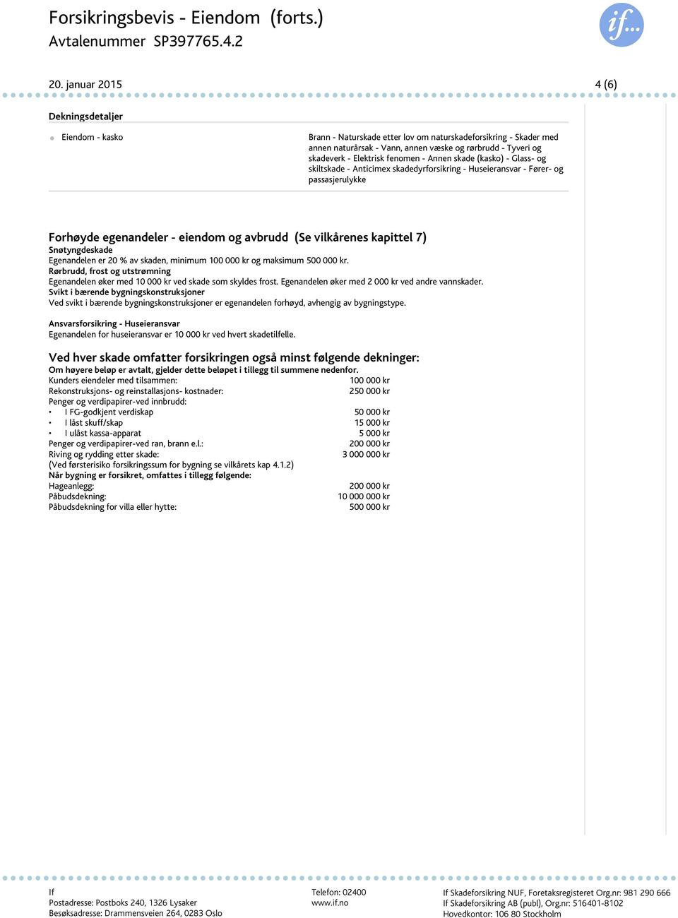 Annen skade (kasko) - Glass- og skiltskade - Anticimex skadedyrforsikring - Huseieransvar - Fører- og passasjerulykke Forhøyde egenandeler - eiendom og avbrudd (Se vilkårenes kapittel 7)