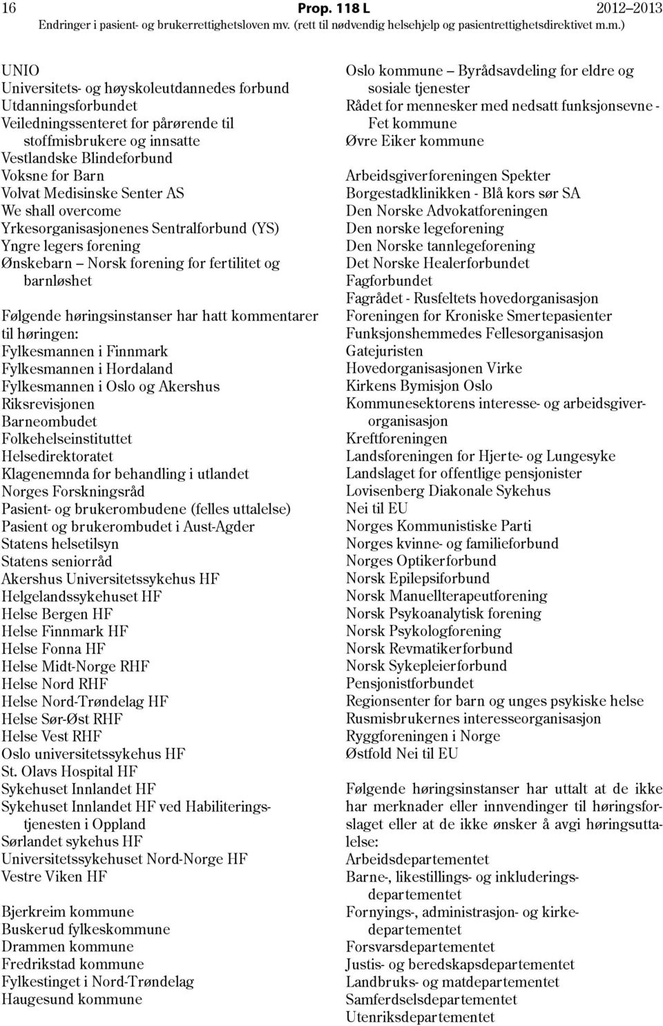 Medisinske Senter AS We shall overcome Yrkesorganisasjonenes Sentralforbund (YS) Yngre legers forening Ønskebarn Norsk forening for fertilitet og barnløshet Følgende høringsinstanser har hatt