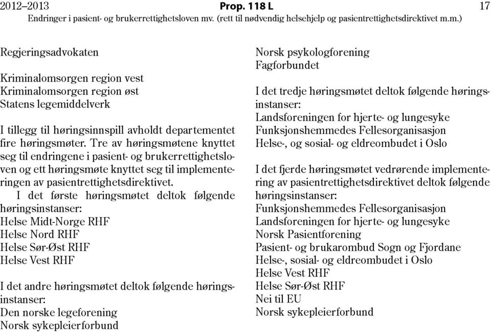 I det første høringsmøtet deltok følgende høringsinstanser: Helse Midt-Norge RHF Helse Nord RHF Helse Sør-Øst RHF Helse Vest RHF I det andre høringsmøtet deltok følgende høringsinstanser: Den norske