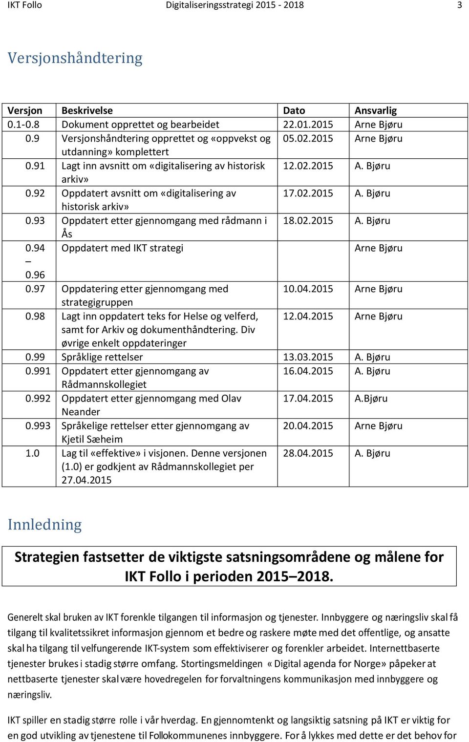 92 Oppdatert avsnitt om «digitalisering av 17.02.2015 A. Bjøru historisk arkiv» 0.93 Oppdatert etter gjennomgang med rådmann i 18.02.2015 A. Bjøru Ås 0.94 Oppdatert med IKT strategi Arne Bjøru 0.96 0.